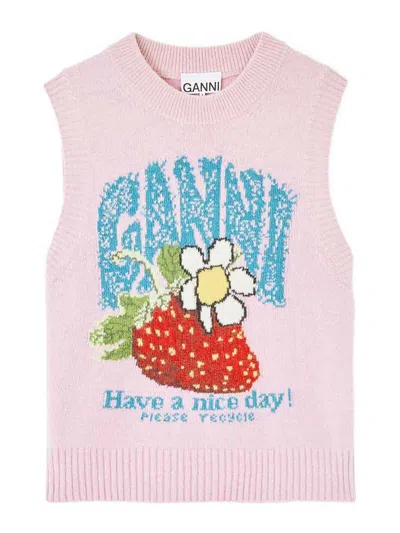 Ganni Graphic Wool Knitted Sweater Vest In Pink
