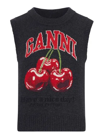 Ganni Graphic Wool Vest In Gray