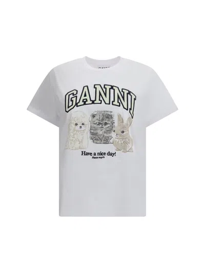 Ganni Women White Crewneck T-shirt With Maxi Logo On The Front In Cotton Woman In Multi