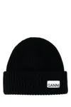 Ganni Womens Black Logo-patch Wool-blend Beanie Hat