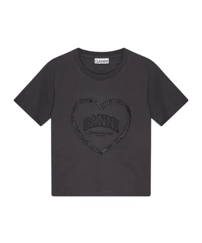Ganni Crewneck Embroidered Phantom T-shirt In Black