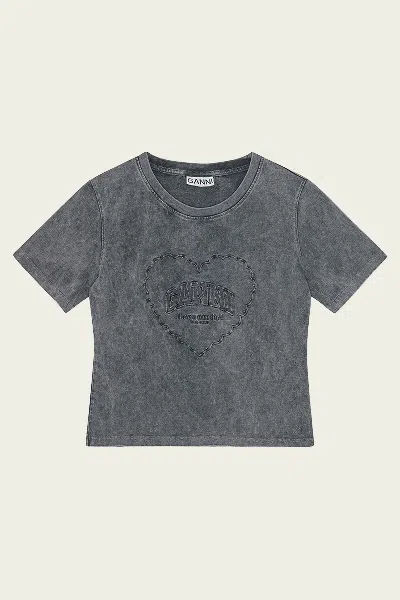 Ganni Heart Cropped T-shirt In Phantom In Gray