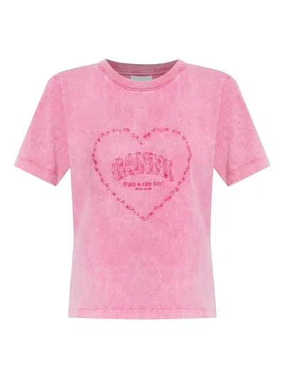 Ganni Heart-embroidered T-shirt In Pink