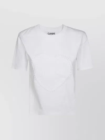 Ganni Heart Embroidery Crew Neck Short Sleeves Top In White