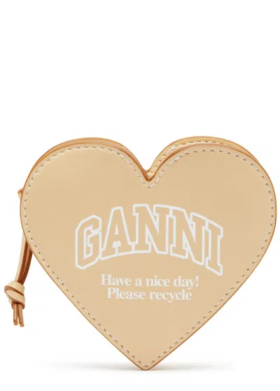 Ganni Heart Logo-print Leather Coin Purse In Neutral