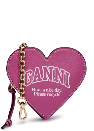 Ganni Heart Logo-print Leather Coin Purse In Pink