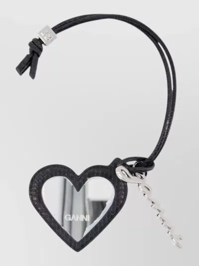Ganni Heart Snake Mirror Keyring Braided Strap In Black