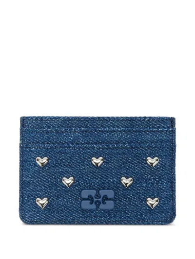 Ganni Heart-stud Denim Card Holder In Blue