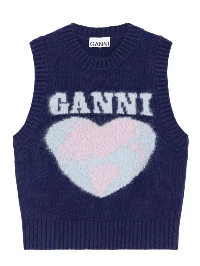 Ganni Heart Vest Woman Blue In Wool In Multi