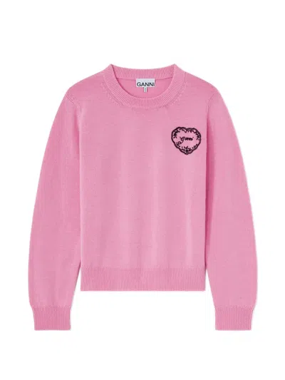 Ganni Heart-motif Embroidered Sweater In Pink