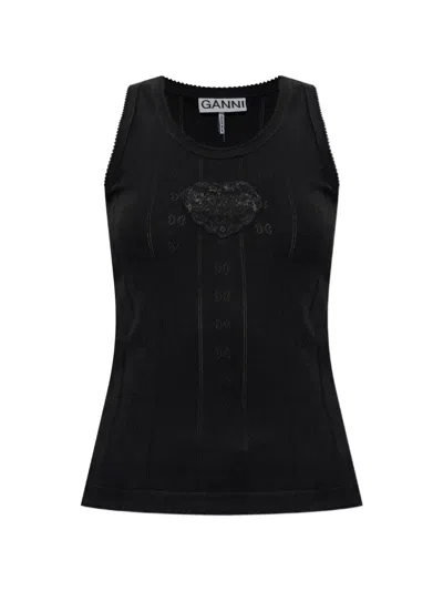 Ganni Heart-patch Pointelle-knit Top In Black