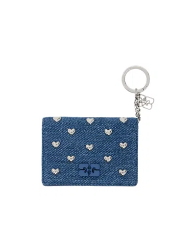 Ganni Heart-shaped Studded Card Holder In Blue
