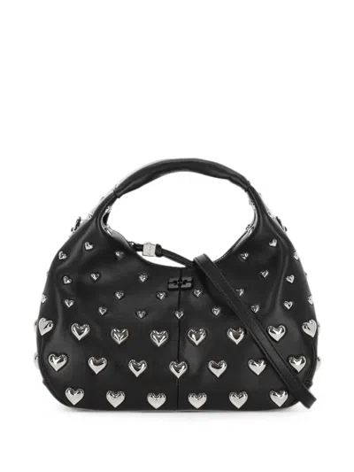 Ganni Mini Hobo Heart Studded Shoulder Bag In Black