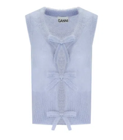 Ganni Heather Blue Sleeveless Cardigan With Bows In Hell Blau