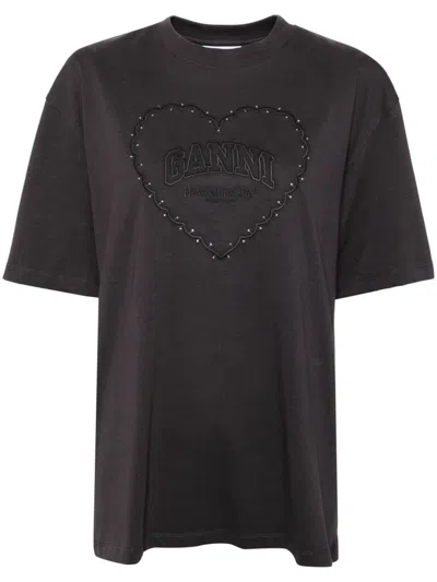 Ganni Heavy Cotton Drop Shoulder Heart T-shirt T-shirts In Black