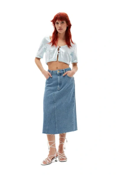 Ganni Ladies Light Blue Stone Denim Organic Cotton Midi Skirt