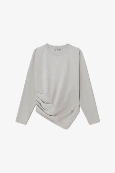 Ganni Heavy Stretch Cotton Draped Blouse In Gray