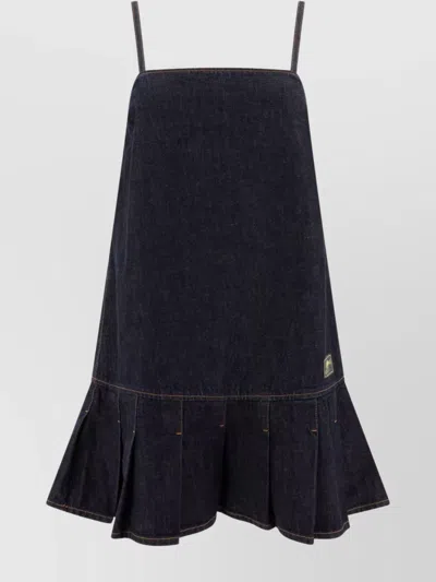 Ganni Hem Flared Pleated Spaghetti Straps Dress In Black