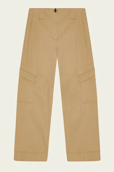Ganni Herringbone Canvas Mid Waist Pants In Tiger's Eye In Nude
