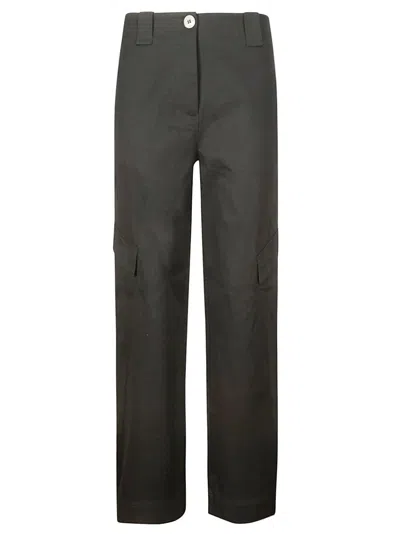 Ganni Herringbone Canvas Mid Waist Pants In Grey