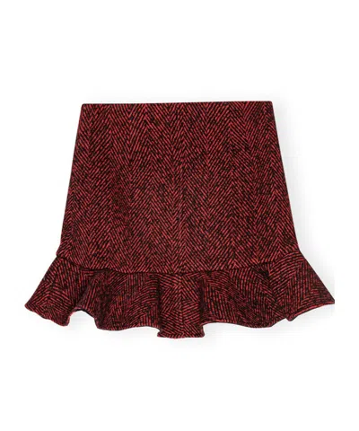 Ganni Herringbone Wool Miniskirt In Red