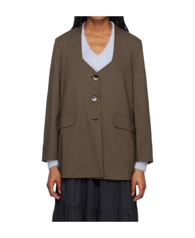 Ganni Herringbone Y-neck Blazer In Brown