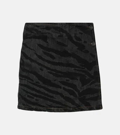 Ganni Tiger-print Denim Mini Wrap Skirt In Black