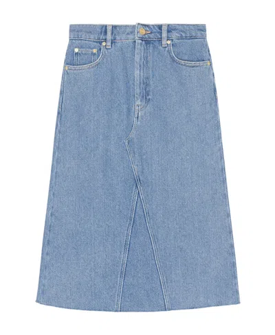 Ganni Ladies Light Blue Stone Denim Organic Cotton Midi Skirt