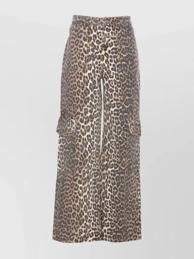 Ganni High Waist Leopard Print Wide Leg Trousers In Green