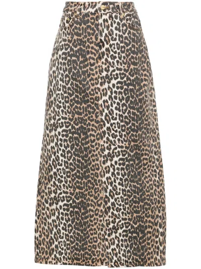 GANNI GANNI HIGH WAISTED LEOPARD PRINT DENIM MIDI SKIRT