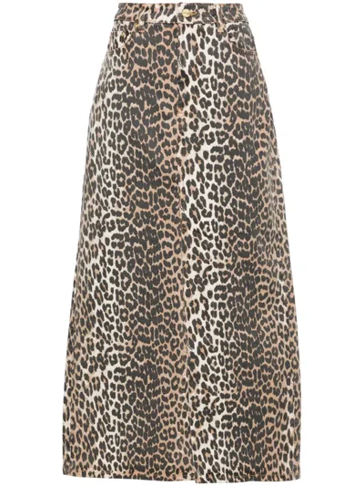 Ganni Leopard Print Denim Maxi Skirt In Animal Print