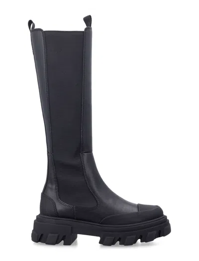 Ganni High-shaft Cleated Chelsea Boots In Leather With Chunky Rubber Sole In Black