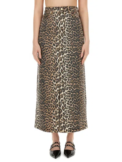 Ganni High-waisted Leopard-print Denim Midi Skirt In Brown