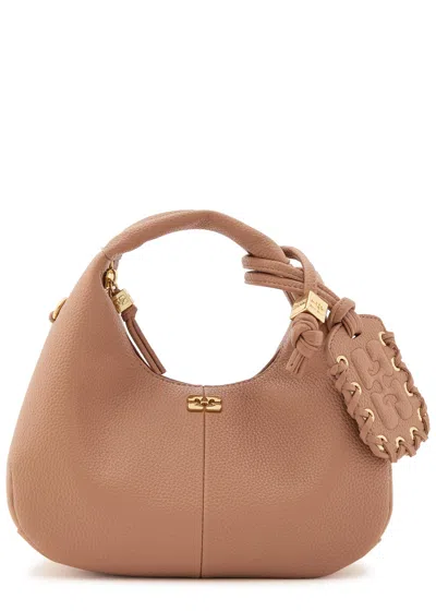 Ganni Hobo Mini Grained Leather Top Handle Bag In Brown