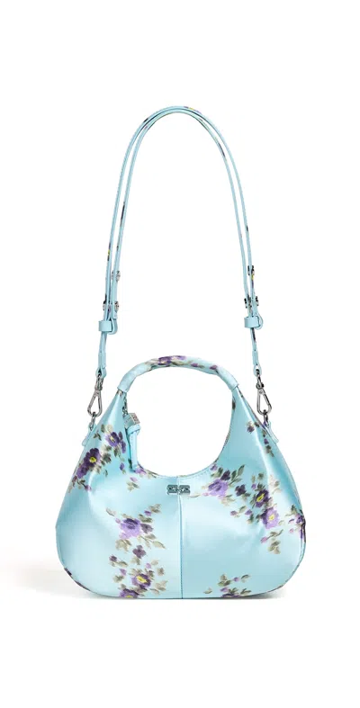 Ganni Hobo Mini Printed Satin Bag Iced Aqua In Blue