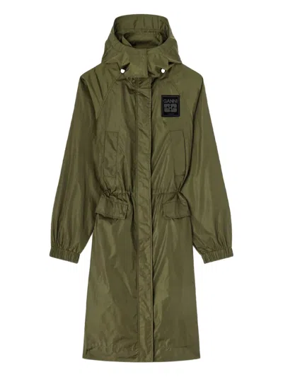 Ganni Hood Logo-patch Coat In Green