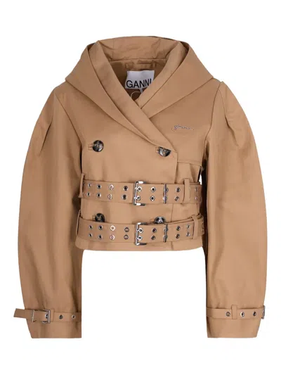 Ganni Hooded Buckled Jacket In Brown