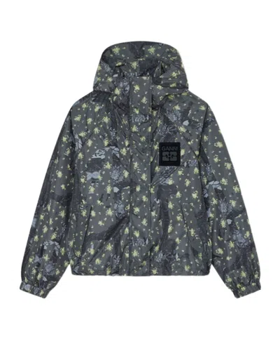 Ganni Floral-print Hooded Jacket In Gray