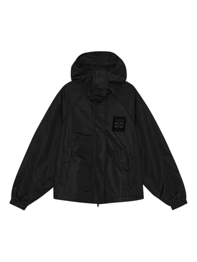 Ganni Hooded Coat In Black