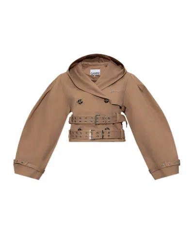 Ganni Hooded Jacket In Brown