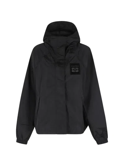 Ganni Nylon Jacket With  Logo Patch In Black