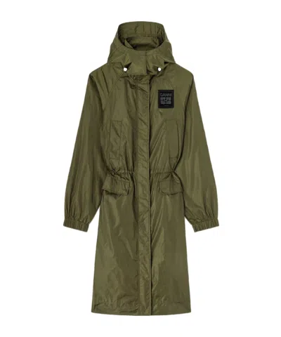Ganni Hooded Parka Coat In Green
