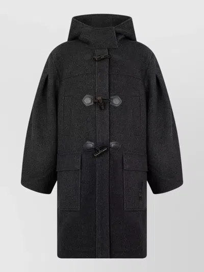 Ganni Hooded Wool-blend Coat With Adjustable Hood And Button Front In Black