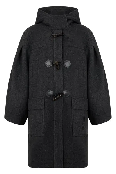 Ganni Hooded Wool-blend Coat With Adjustable Hood And Button Front In Heather Grey