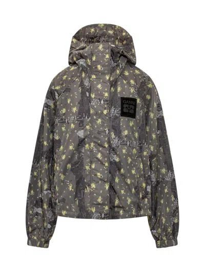 Ganni Hooded Zip Jacket In Black Sand