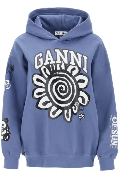 Ganni Blue Isoli Mega Flower Hoodie In Light Blue