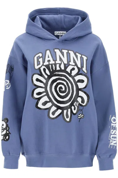 Ganni Hoodie With Graphic Prints In Light Blue