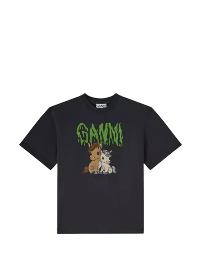 Ganni Cotton T Shirt Crew Neck Graphic Print In Blue