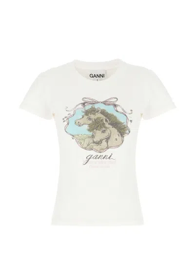 Ganni Stretch Cotton T Shirt Graphic Crew Neck In Neutral
