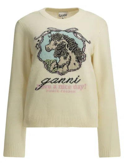 Ganni "horses" Crew Neck Sweater In Neutral